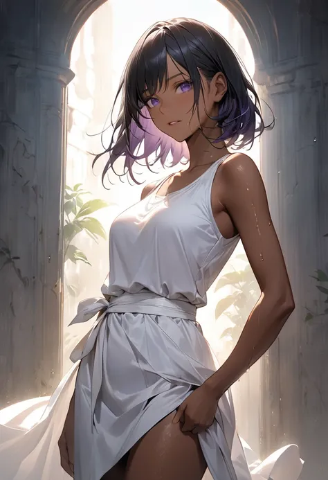 Straight black hair, (((Dark Skin))), ((Latin)), Purple Iris, Delicate eyes, Delicate face, White cloth that shows the lines of the body,Light,Realistic concept art with strong backLighting、(((Sweating with aphrodisiac、Put one arm behind your back&#39;retu...