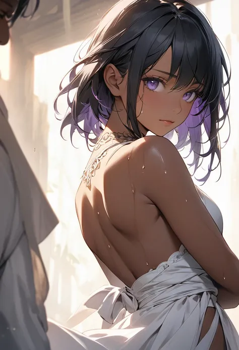 Straight black hair, (((Dark Skin))), ((Latin)), Purple Iris, Delicate eyes, Delicate face, White cloth that shows the lines of the body,Light,Realistic concept art with strong backLighting、(((Sweating with aphrodisiac、Put one arm behind your back&#39;retu...