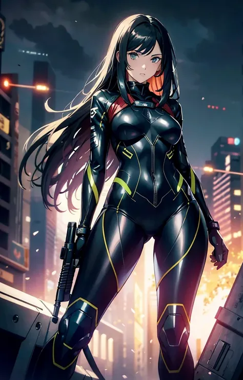 best qualityer，tmasterpiece，Ultimate resolution，downy，Extremely colorful，Colorful，Women combatants，a matural female，Black long hair，holding gun，Tight combat suit，tightsuit，Steel City background，nigh sky，Normal posture，Normal posture