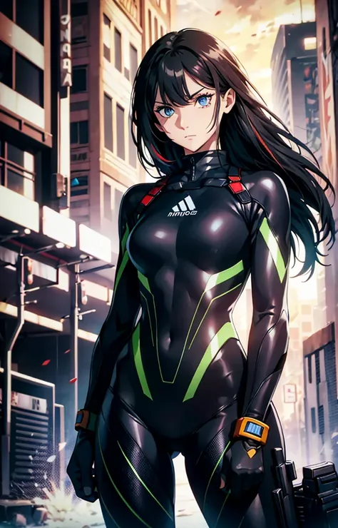 best qualityer，tmasterpiece，Ultimate resolution，downy，Extremely colorful，Colorful，Women combatants，a matural female，Black long hair，holding gun，Tight combat suit，tightsuit，Steel City background，nigh sky，Normal posture，Normal posture