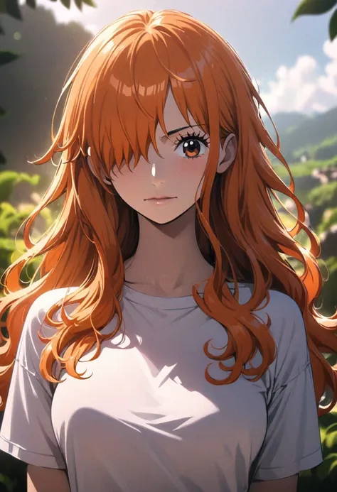 masterpiece, best quality), intricate details, 1 girl, woman, orange hair, nami \ (one piece\), (long hair), shirt, white shirt,...