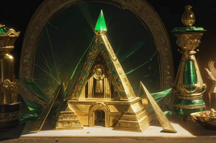 green pyramid, gold treasure, aztec, riches, gold coin, green lighting, HDR, 4k resolution