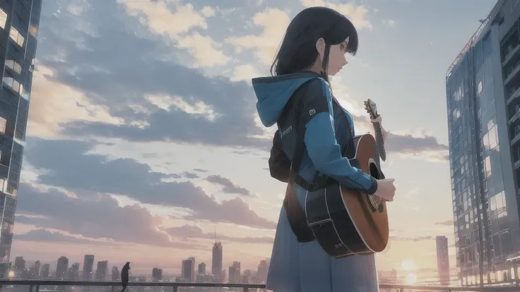 evening,Octane, star (null), scenery, Blue parakeet,The acoustic guitar is in front of the body.,star,One Girl, Back view, alone, Outdoor, city,building,Blue parakeet,building, cloud, milky way,silhouette