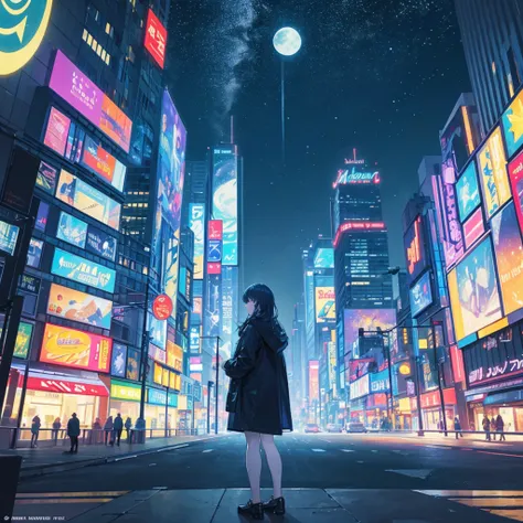 "Modern night sky"
Title: "Modern Night Sky"
Theme: Fusion of modern city and nature
Background: big city skyline at night. Skyscrapers and neon signs shine.
Main character: A modern cityscape and a Van Gogh-like night sky above it.
Details of painting sty...