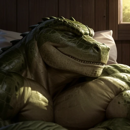 A muscle green male alligator, a muscle green male lizardmen , sleeping, detailed beauty face, very close face, head on pillow 