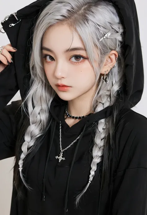 , huge, Double tail, Silver Hair, hoodie, Retro Gothic, posture, Lovely, Face Up, high quality, necklace, ring, bracelet, earrings