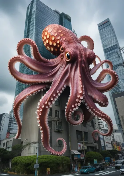 {
  "prompt": "A massive, hyper-realistic giant Pacific octopus wrapping its long, muscular tentacles around the skyscrapers of Tokyo. The tentacles are covered in suction cups and have a slimy, mottled appearance. The creatures large, bulbous head peers o...