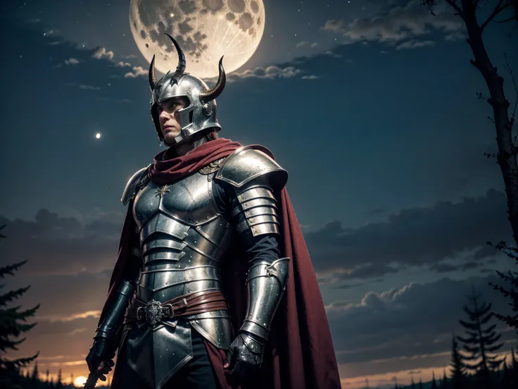 (High Definition 1.5) (High Quality 1.5) (Detailed 1.5) (Masterpiece) (Perfect)

1man, strong and tall, full armor, dark metal armor, shiny metal, gothic, ancient style, helmet with horns, red cape, sword at his waist. Lonely path, dark forest, bright nigh...