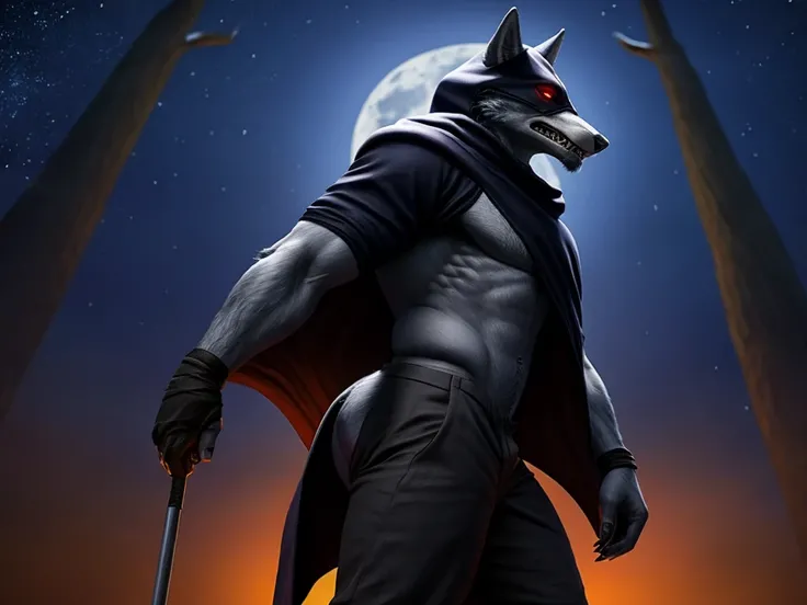 Death is a anthropomorphic silvery-white wolf with an elongated snout, gray mask-like markings on his face, sharp teeth, and glaring sinister red eyes, who has a well-built body, He wears a black cloak with a built-in hood, and brown trousers under the clo...