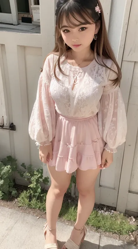 Portrait in girlish casual style for spring and summer。The model has fluffy curled bangs and light brown long hair, She wears a white lace top、Denim miniskirt、Wearing pink sandals。Accessories include floral hair clips and beaded bracelets。