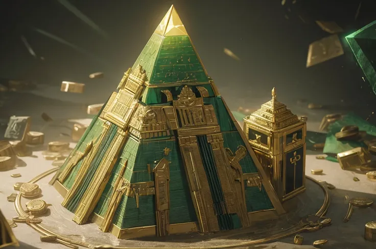 green pyramid, gold treasure, aztec, riches, gold coin, green lighting, HDR, 4k resolution