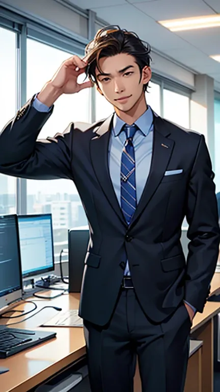 I am working energetically in my new workplace.、office、A man with a lively expression、In a suit、refreshing

