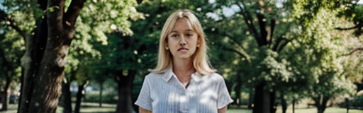 A 45-year-old blonde woman with a slightly tired face stands in the park