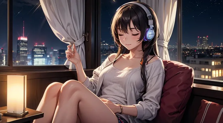 Girl with headphones enjoying music in a home　I am studying　Emphasize a little bit of the big chest　Looking towards me with eyes closed　Night Background