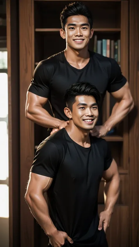 A Thai man, handsome, muscular, with big muscles, wearing a black t-shirt, standing and smiling.