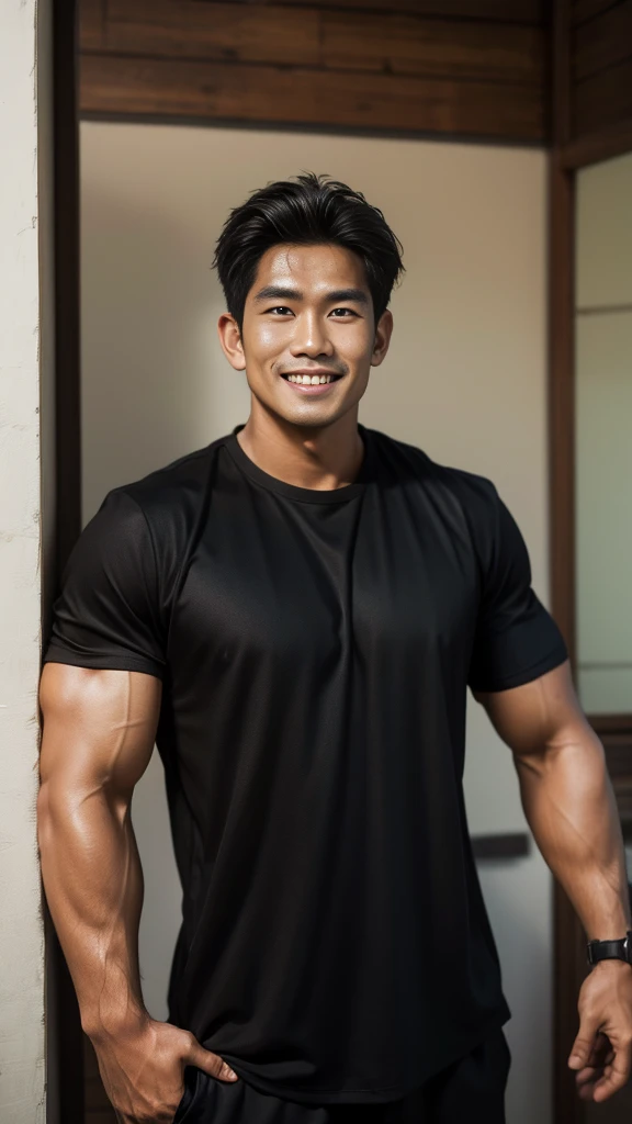 A Thai man, handsome, muscular, with big muscles, wearing a black t-shirt, standing and smiling.