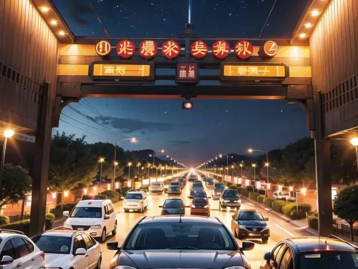 (Traffic jams, lots of cars, traffic jams. :1.2),road ,(รถวิ่งบนroad:1.2) capital landscape:1.5 ,(Many cars:1.2) ,nighttime 