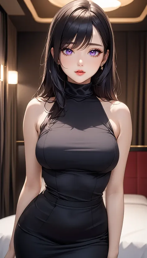 masterpiece, high resolution, beautiful woman, Korean Beauty, 30 years old, black sleeve less turtle neck, mini pencil skirt, beautiful woman, night hotel, looking at me, (high resolution face), (high resolution eyes), (high quality eyes), black hair, purp...