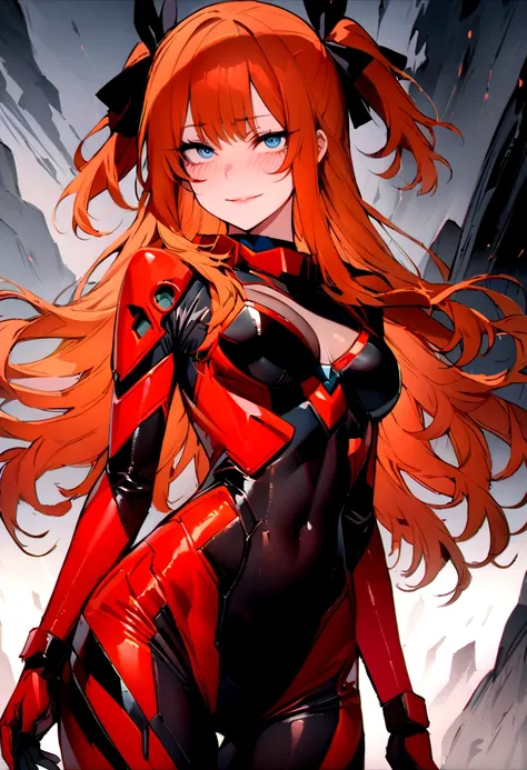 (masterpiece), best quality, expressive eyes, perfect face, 1girl, solo, blue eyes, dark orange Hair, Loose hair, hair ribbon, long hair, black ribbon, sidelocks, bangs two side up, smile, black and red skin-tight battle suit, slim figure, looking at viewe...