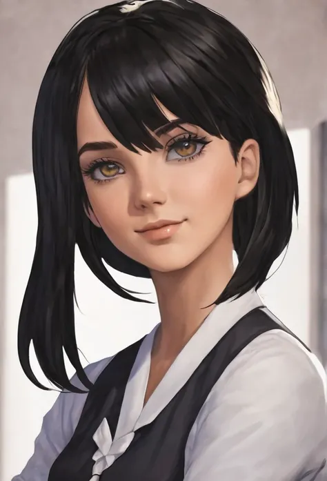 18 years old, female, human, receptionist in adventures guild, black hair, black eyes, short hair, 