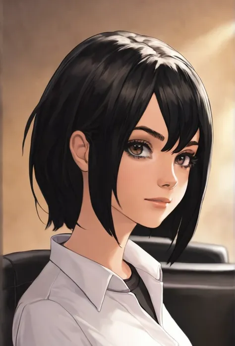 18 years old, female, human, receptionist in adventures guild, black hair, black eyes, short hair, 