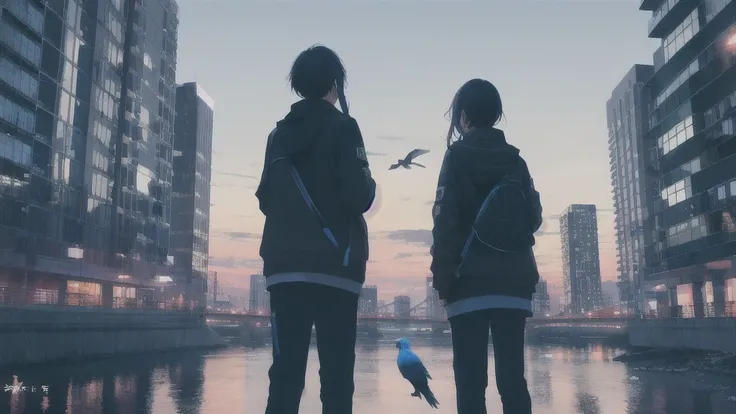 真っ暗なnight空,Octane, star (null), scenery, Blue parakeet,The acoustic guitar is in front of the body.,star, night, Girl and Boy, Back view, Outdoor, city,river,Blue parakeet,building, cloud, 天のriver,silhouette