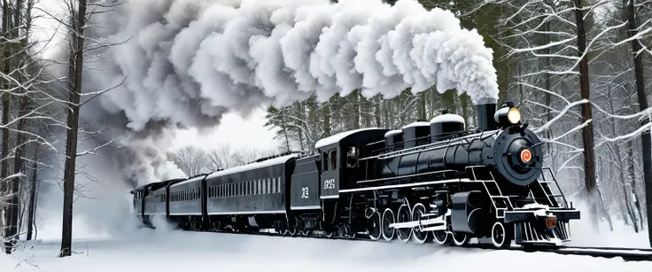 A black and white steam locomotive chugs through a snow-covered forest, its wheels crunching against the icy tracks. The trains white plume of smoke billows into the air, contrasting with the dark trees that line the tracks. The snow-covered landscape stre...