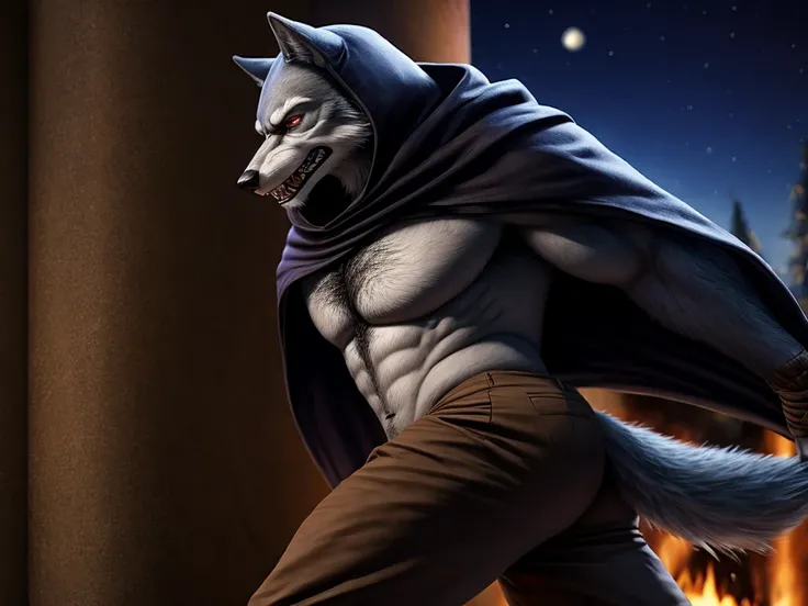 Death is a anthropomorphic silvery-white wolf with an elongated snout, gray mask-like markings on his face, sharp teeth, and glaring sinister red eyes, who has a well-built body, He wears a black cloak with a built-in hood, and brown trousers under the clo...