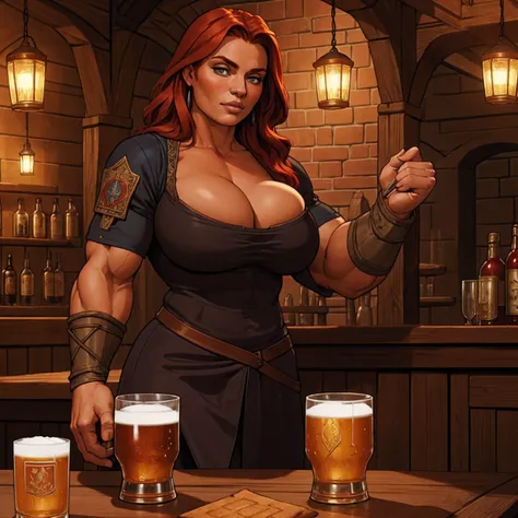 a beautiful red-haired woman with large breasts,detailed facial features,detailed eyes and lips,medieval tavern interior,medieval bartender uniform,serving ale,intricate details,cinematic lighting,warm color tones,masterpiece,ultra-detailed,photorealistic,...