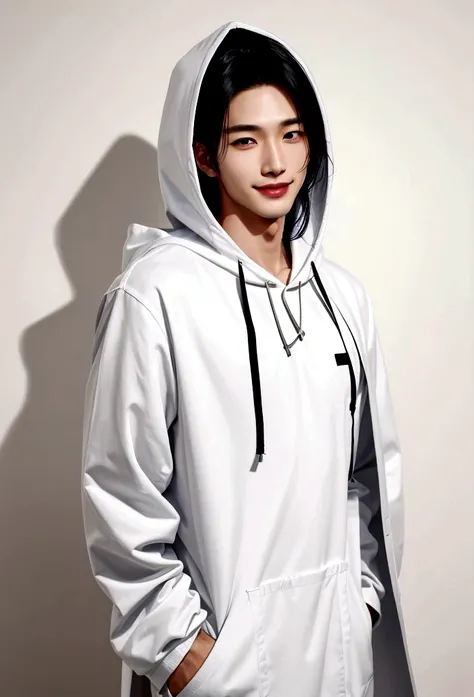 A man smiling and showing his teeth. Shiny hair. Permed hair. (Fair Skin),(Knowing),Iris,(Gender: Natural Face),Long Body,Handsome Asian Man, Short and Clean Hair, ((Center Part)), White Lab Coat with Black Hoodie Underneath, Calm and Confident Expression,...