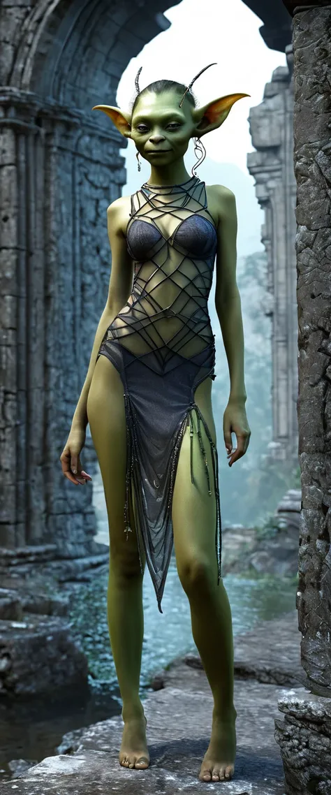 Cybernetic beautiful female goblin with thin and transparent dress organisms merge with ancient ruins, bridging the gap between past and future civilizations. Photorealistic.