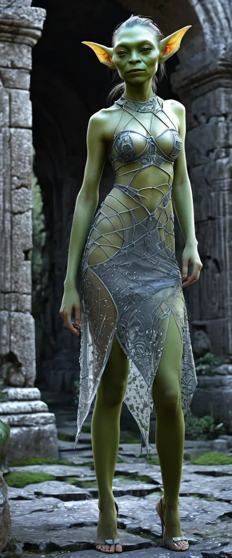 Cybernetic beautiful female goblin with thin and transparent dress organisms merge with ancient ruins, bridging the gap between past and future civilizations. Photorealistic.