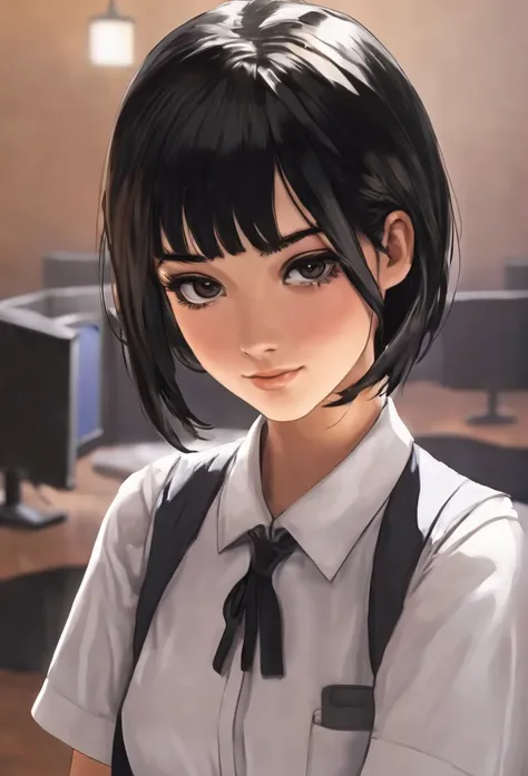 18 years old, female, human, receptionist in adventures guild, black hair, black eyes, short hair, in a room