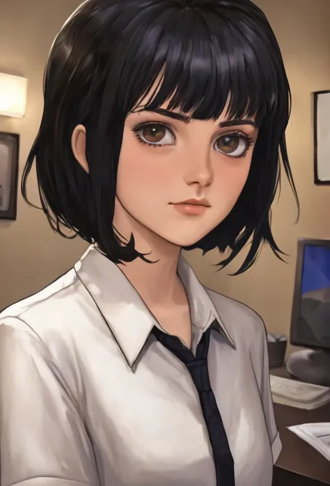 18 years old, female, human, receptionist in adventures guild, black hair, black eyes, short hair, in a room