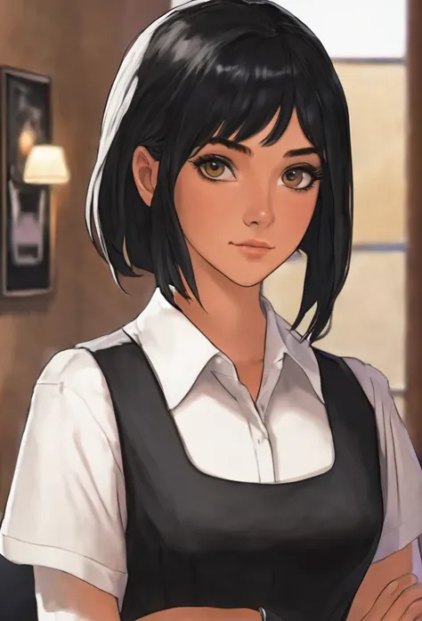 18 years old, female, human, receptionist in adventures guild, black hair, black eyes, short hair, in a room