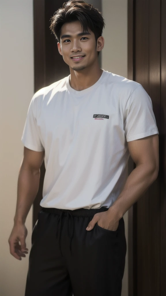 A Thai man, handsome, muscular, with big muscles, wearing a black t-shirt, standing and smiling.