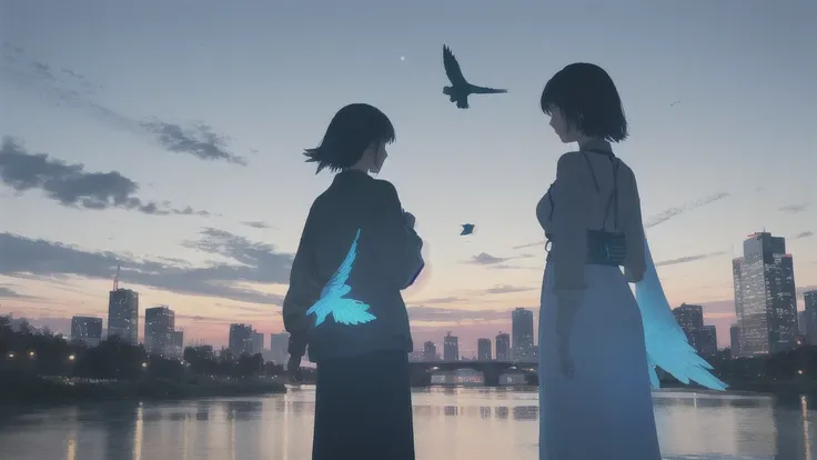 真っ暗なnight空,Octane, star (null), scenery, Blue parakeet,The acoustic guitar is in front of the body.,star, night, Girl and Boy, Back view, Outdoor, city,river,Blue parakeet,building, cloud, 天のriver,silhouette