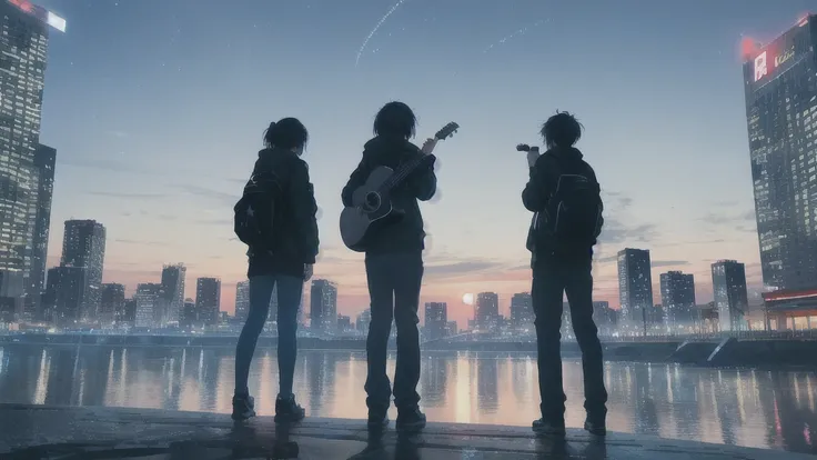 真っ暗なnight空,Octane, star (null), scenery, Blue parakeet,The acoustic guitar is in front of the body.,star, night, Girl and Boy, Back view, Outdoor, city,river,Blue parakeet,building, cloud, 天のriver,silhouette