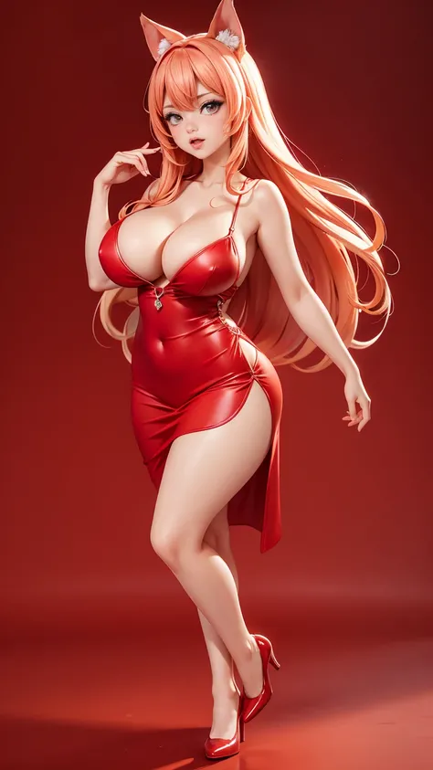 (full_body)、Woman、red_background、big_breasts:1.5、Detailed、POP、vivid、pose、sexy_dress、Open chest