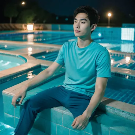 独奏:1.3 ,Korean man, Inspiration from Peng Yuyan,  23 years old, Cute Korean Face, 35 yo, 33 year old Korean muscular man，Sitting near the swimming pool green t-shirt Night light view, half moon, Blue lights under the swimming pool, lantern light,