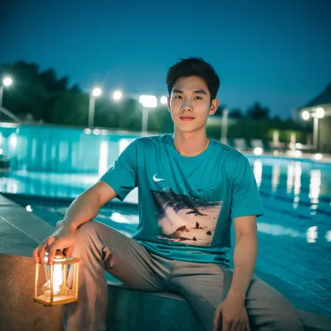 独奏:1.3 ,Korean man, Inspiration from Peng Yuyan,  23 years old, Cute Korean Face, 35 yo, 33 year old Korean muscular man，Sitting near the swimming pool green t-shirt Night light view, half moon, Blue lights under the swimming pool, lantern light,