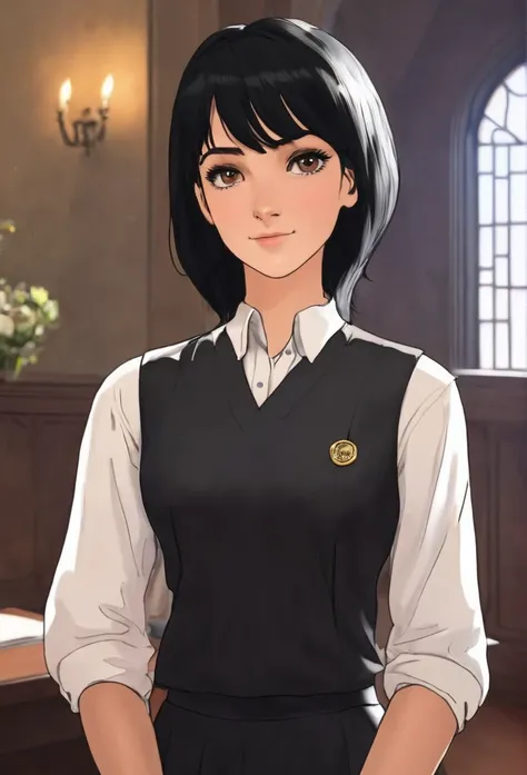 18 years old, female, human, receptionist in adventures guild, black hair, black eyes, short hair, in a room, middle age era 