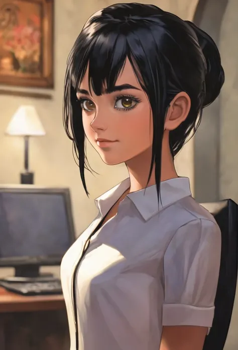 18 years old, female, human, receptionist in adventures guild, black hair, black eyes, short hair, in a room, middle age era 