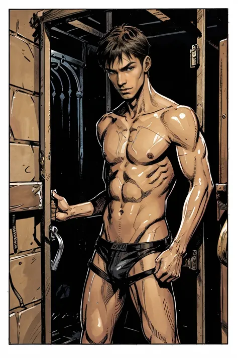 A shirtless skinny young man in wet underwear while locked inside dungeon cage cell, his hands get handcuffed, comic artstyle 2D.