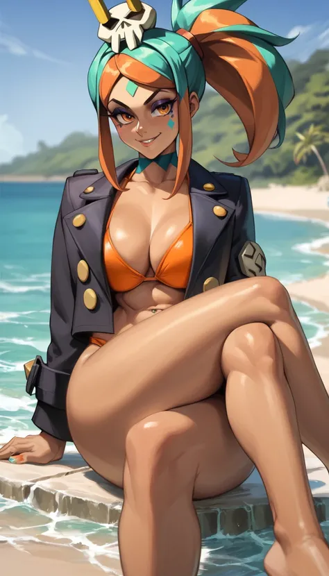 score_9, score_8_up, score_7_up, source_anime, rating_explicit, beautyful woman, cerebella from skullgirls, orange bikini, in beach, sit in water, no hat, brown skin, ponytail hair, naughty smile, crossed legs. black jacket, encorped, mature woman