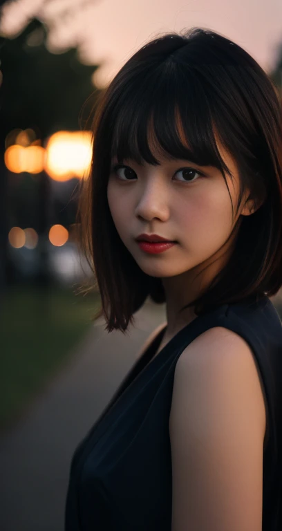 (A pretty detailed woman in a black kimono dress, korean bob_hair_side_bangs, fair skin, dark lips, standing in a city parking lot at night, turning around to see the camera, dark background, sunset, extremely detailed skin, extremely detailed eyes, depth ...