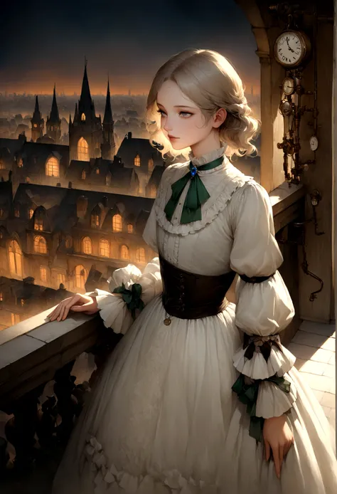 (Highest quality、16K、masterpiece、Ultra-high resolution、Victorian era、Realistic:1.2)、Delicate Lolita girl, 13 years old, Standing on a castle balcony at dusk, Surrounded by city skyline and steampunk contraptions. Her platinum hair is messy, Highlighting he...