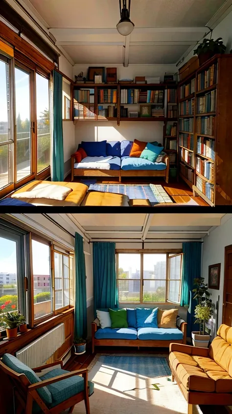 8K picture quality，Best quality，masterpiece，HD，Super rich detail，detailed，Comfortable bedroom，Large Windows，Floor-to-ceiling windows，big bed，There are pillows on the bed，Quilt，Essas roupas，notebook，There is a cabinet next to it，There are bookcases，There is...