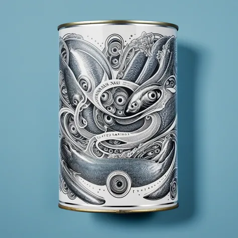 Tinned sardines in ring pull can, tattoo design, Japanese retro, doctor, Ikko Tanaka, negative space, abstract, intricate, iridescent, 