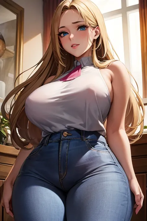 A female wearing clothing (incredibly detailed, beautiful face, pink lips, piece of art) tight jeans. She has blonde hair and blue eyes. The jeans are tight her cameltoe is visible, thick thights, slim thick,
